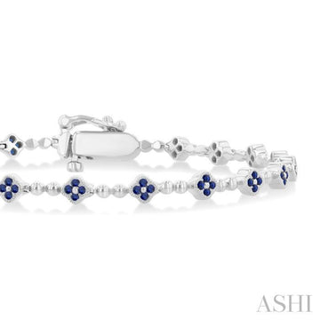 1 MM Round Cut Sapphire Clover and Bead Ball Link Precious Tennis Bracelet in 14K White Gold